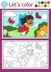 Fairyland coloring page with cute fairy bug and magic meadow landscape. Vector outline illustration. Color book for kids with colored example. Fairytale fantasy drawing skills printable worksheet