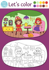 Fairyland coloring page with cute fairies drinking tea in tree house. Vector outline illustration. Color book for kids with colored example. Fairytale fantasy drawing skills printable worksheet