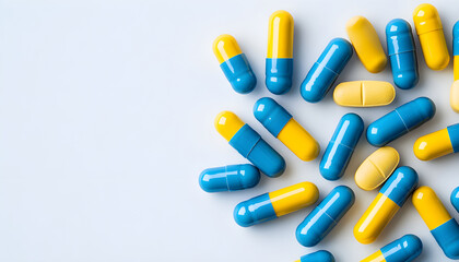 Yellow oval pills and blue capsules on white backdrop with room for text