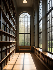 Serene Solitude in an Empty Library: Shelves of Books, Natural Light Through Windows, and the Tranquil Atmosphere of a Quiet Reading Haven.