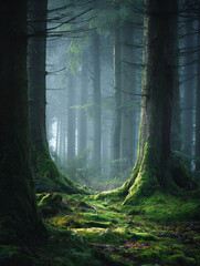 Misty Forest with Ancient Mossy Trees (Generative AI)