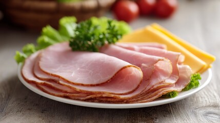 Slices of ham and cheese neatly arranged on a clean white plate, natural lighting enhancing the textures.
