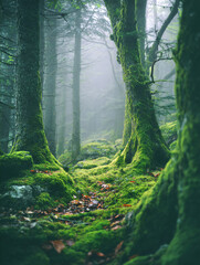 Misty Forest with Ancient Mossy Trees (Generative AI)