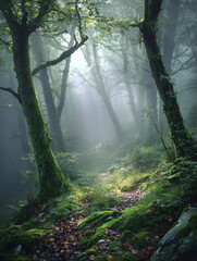 Misty Forest with Ancient Mossy Trees (Generative AI)