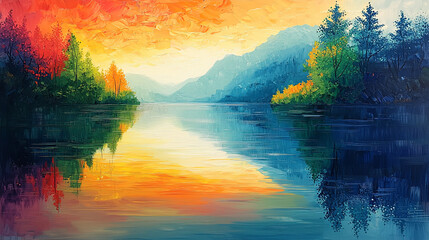 Colorful Sunset Lake Landscape in Impressionist Painting Style (Generative AI)