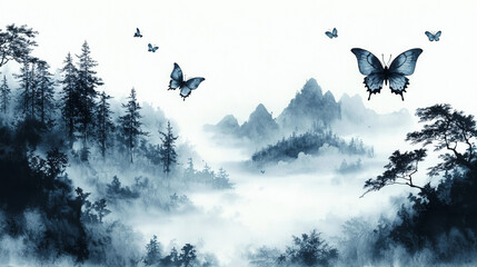 Blue Butterflies in Traditional Ink Wash Painting Style (Generative AI)