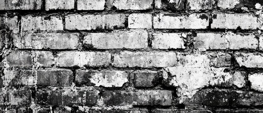 Weathered monochrome brick wall texture; aged, decaying bricks with visible mortar and plant growth