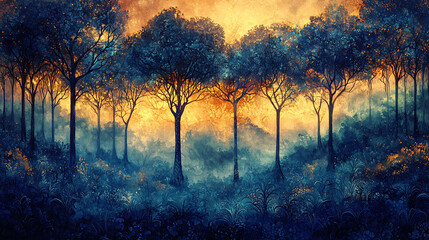 Mystical Forest with Glowing Trees and Misty Atmosphere (Generative AI)