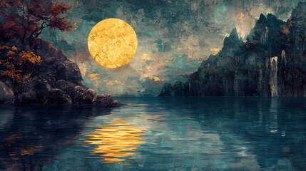 "Vibrant Sunset Forest Reflected in Lake, Stained Glass Painting Style (Generative AI)