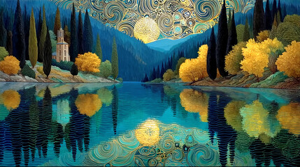 Fantasy Lake Landscape with Starry Night and Golden Reflections (Generative AI)