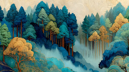 Fantasy Forest with Colorful Trees and Whimsical Sky (Generative AI)