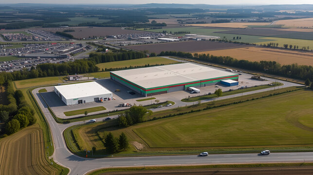 OLOMOUC, CZECH REPUBLIC, SEPTEMBER 30, 2024: Supermarket warehouses Kaufland drone aerial stock building construction and shops, occupation annexation field arable quality land ground Europe
