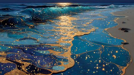 Fantasy Ocean Waves with Golden Accents and Moonlit Sea (Generative AI)