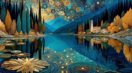 Fantasy Lake Landscape with Starry Night and Golden Reflections (Generative AI)