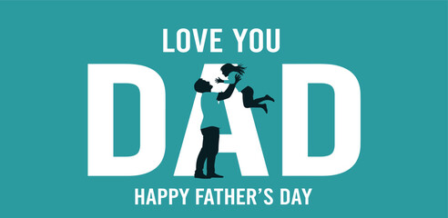 Happy Father's day concept vector background. Happy Father's Day and silhouette of father and child on background of adventure landscape. Father and son with text happy father's day.