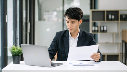 Fototapeta premium An focused Asian man working on a laptop at a desk, reading documents
