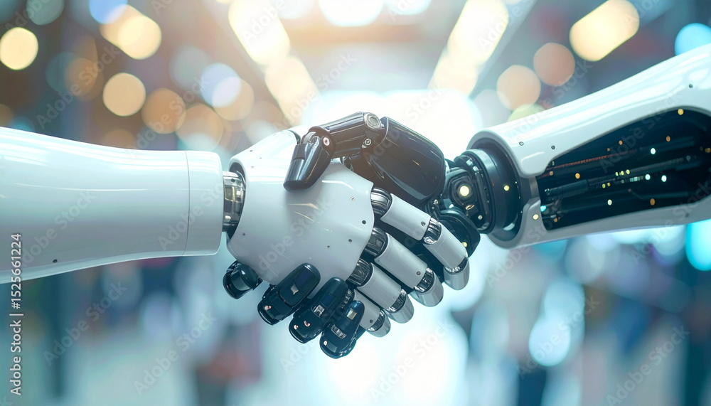 Poster a futuristic view of a human and robot handshaking, symbolizing a new era of technological collabora