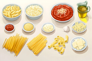 Different pasta types (fusilli, penne, spaghetti) alongside bowls of tomato sauce, olive oil, parmesan, and garlic. 