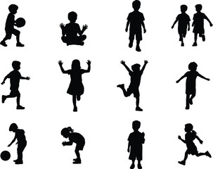 Silhouette Collection of Children in Various Playful Poses, Ideal for Creative Design Projects