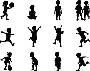 Dynamic Silhouette Set of Children Engaging in Playful Activities, Perfect for Creative Projects