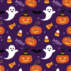 A festive pattern features pumpkins, ghosts, bats and candy against a dark purple backdrop.