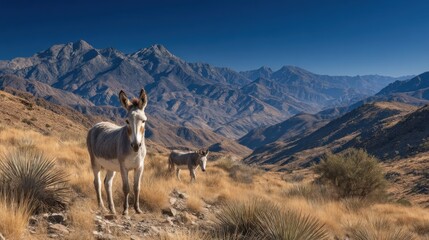 Naklejka premium Two Donkeys Grazing on a Hillside in the Desert Mountains Landscape