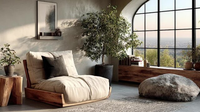 Minimalist, japandi interior design of modern living room with accent armchair, panned, 4k