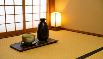 Serene Japanese Tea Ceremony Setting: Featuring a tea cup and a vase on a wooden tray in an elegant room