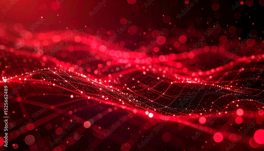Poster red abstract background with wave lines and bokeh effects, evoking futuristic technology