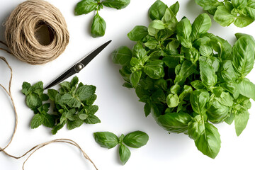 Top-down shot of mint, thyme, basil, and rosemary on a white background. 
