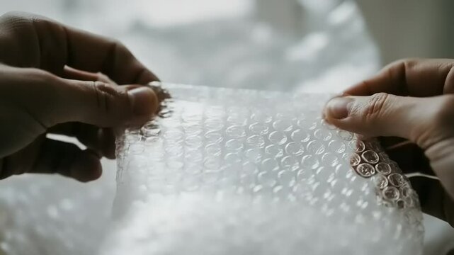Popping bubble wrap ASMR, satisfying stress relief activity, hand holding bubble wrap