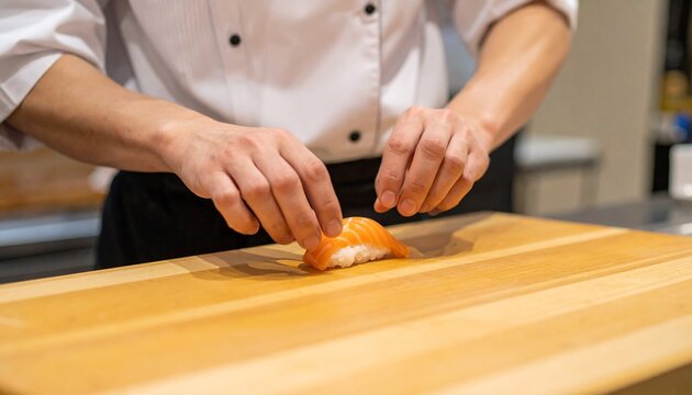 Chef's hands carefully placing a piece of salmon nigiri on a wooden cutting board. The focus is on the precise movement and the fresh, vibrant color of the fish.