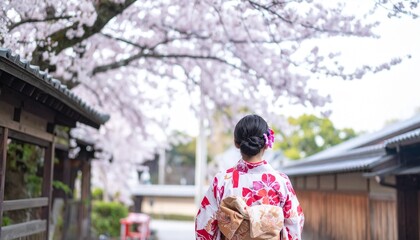 A woman in a traditional Japanese kimono strolls beneath blooming cherry blossoms. The scene captures the serene beauty of spring and the elegance of Japanese culture