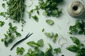 Top-down shot of mint, thyme, basil, and rosemary on a white background. 