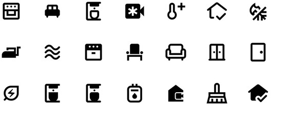 Minimal black and white vector icons for home energy, featuring furniture, lamps, doors, and appliances in flat 2D style with bold lines, SVG format.