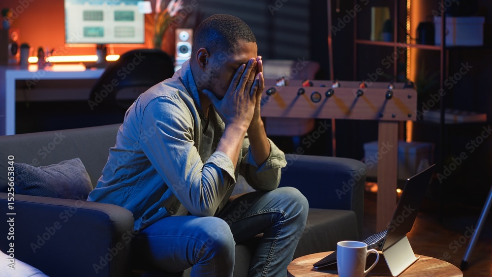 Poster tired black man failing some tasks and struggling to focus at home, dealing with burnout after doing