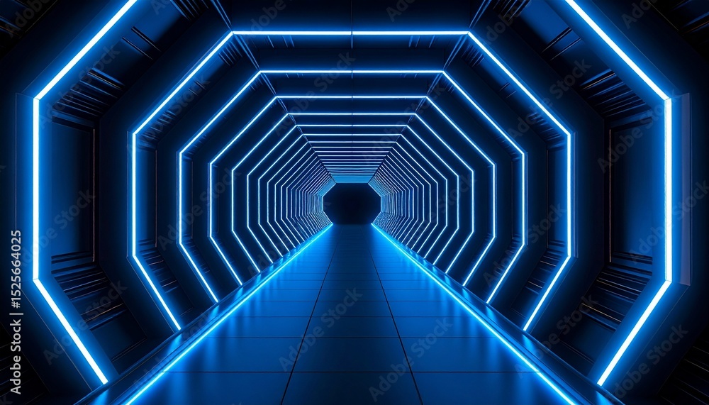 Poster Illuminated futuristic tunnel with bright blue neon lights, creating a modern and captivating visual experience. The image conveys a sense of technological advancement and forward motion.