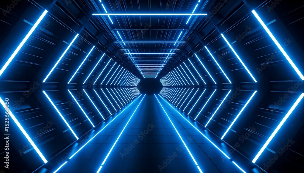 Poster an abstract illustration of an illuminated futuristic tunnel with hexagonal and neon lightings