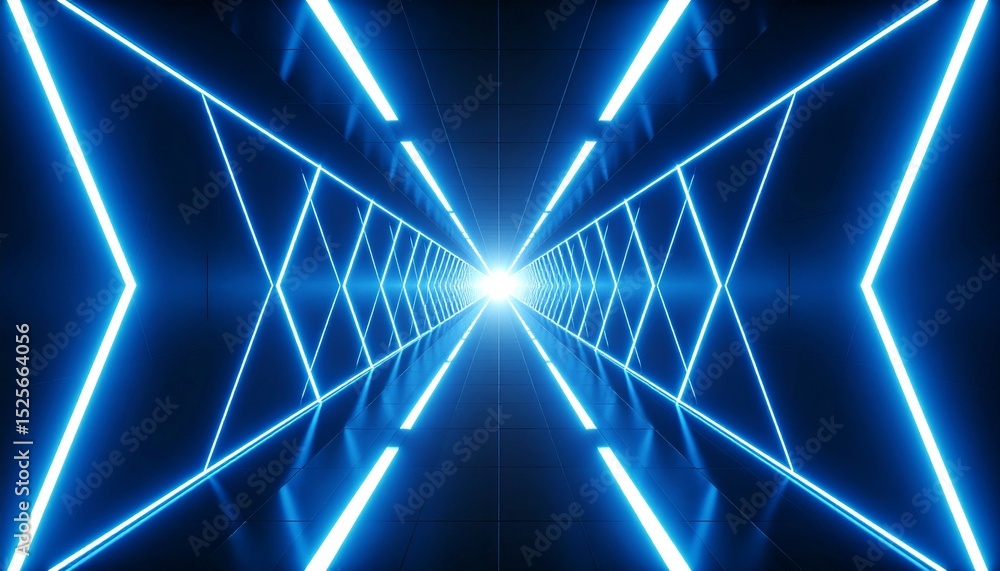 Poster abstract luminous blue neon tunnel with geometric lines leading to the bright light. the lines creat