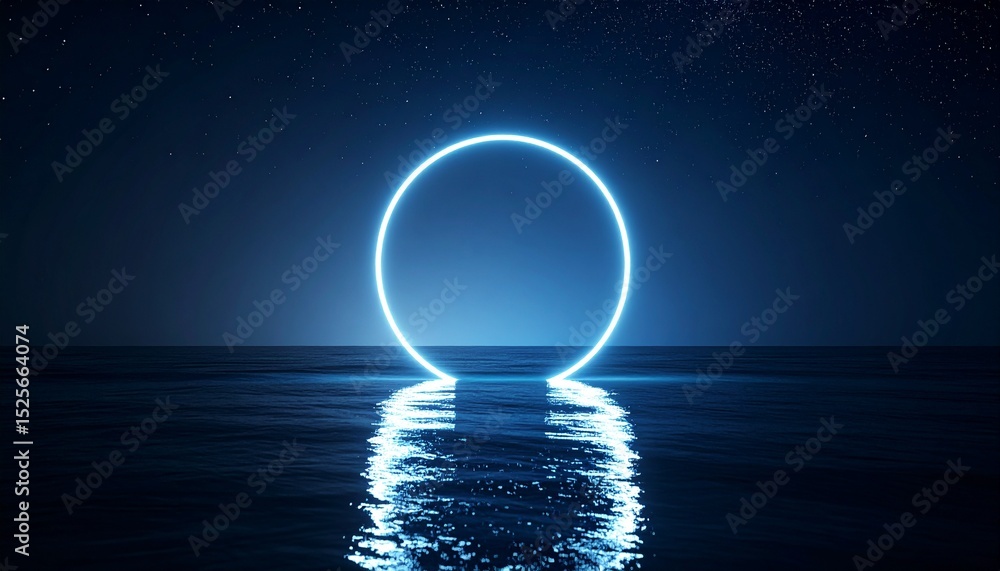 Poster a captivating neon circle against a dark blue, with a water reflection, creating a mesmerizing effec