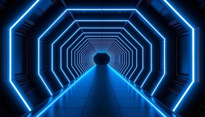 Illuminated futuristic tunnel with bright blue neon lights, creating a modern and captivating visual experience. The image conveys a sense of technological advancement and forward motion.