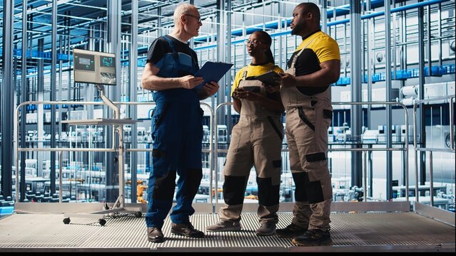 Photovoltaics smart factory team leader and workers analyzing data. Senior engineer and coworkers in industry 4.0 solar panels plant producing renewable energy review system metrics, camera A