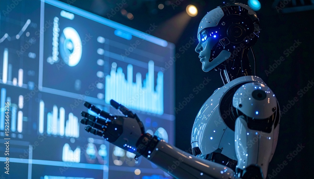 Poster a modern robot interacting with a digital screen, representing future technology and artificial inte