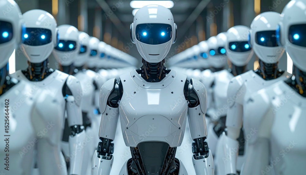Poster an army of robots stands tall in a futuristic, industrial setting. these robots are all in a line, w