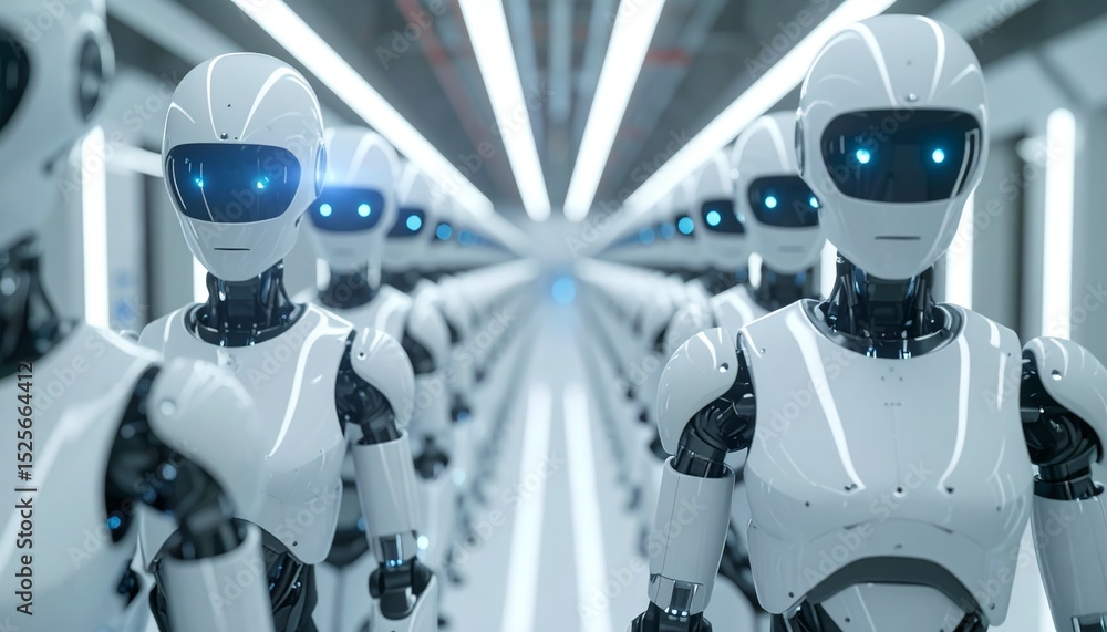Poster futuristic robots stand in a long, illuminated corridor, symbolizing technological advancement and a