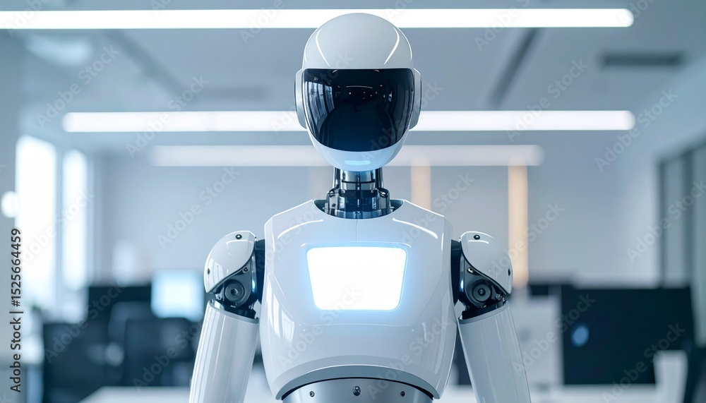 Poster a robot in a modern office, ai technology concept. the robot is a white color with a screen on the c
