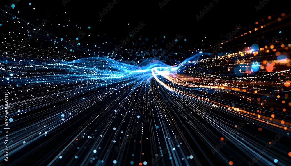 Poster a mesmerizing display of blue and orange light streams against a black backdrop, creating a dynamic 