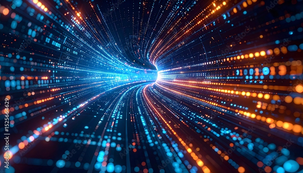 Poster dynamic data streams flow through a digital tunnel, illustrating technology, data transfer, and digi