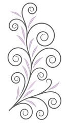 Elegant decorative floral swirl design with lilac leaves and gray flourishes