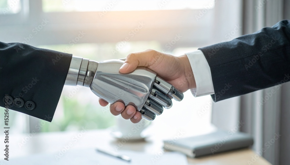Poster a handshake between a human and a robot symbolizes partnership and cooperation in the age of artific